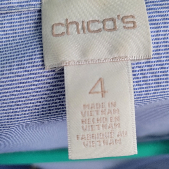 Chico's Blue Stripe Lace Balloon Sleeves Pearl Button Shirt Womens Size 4 (XXL) - Picture 5 of 7